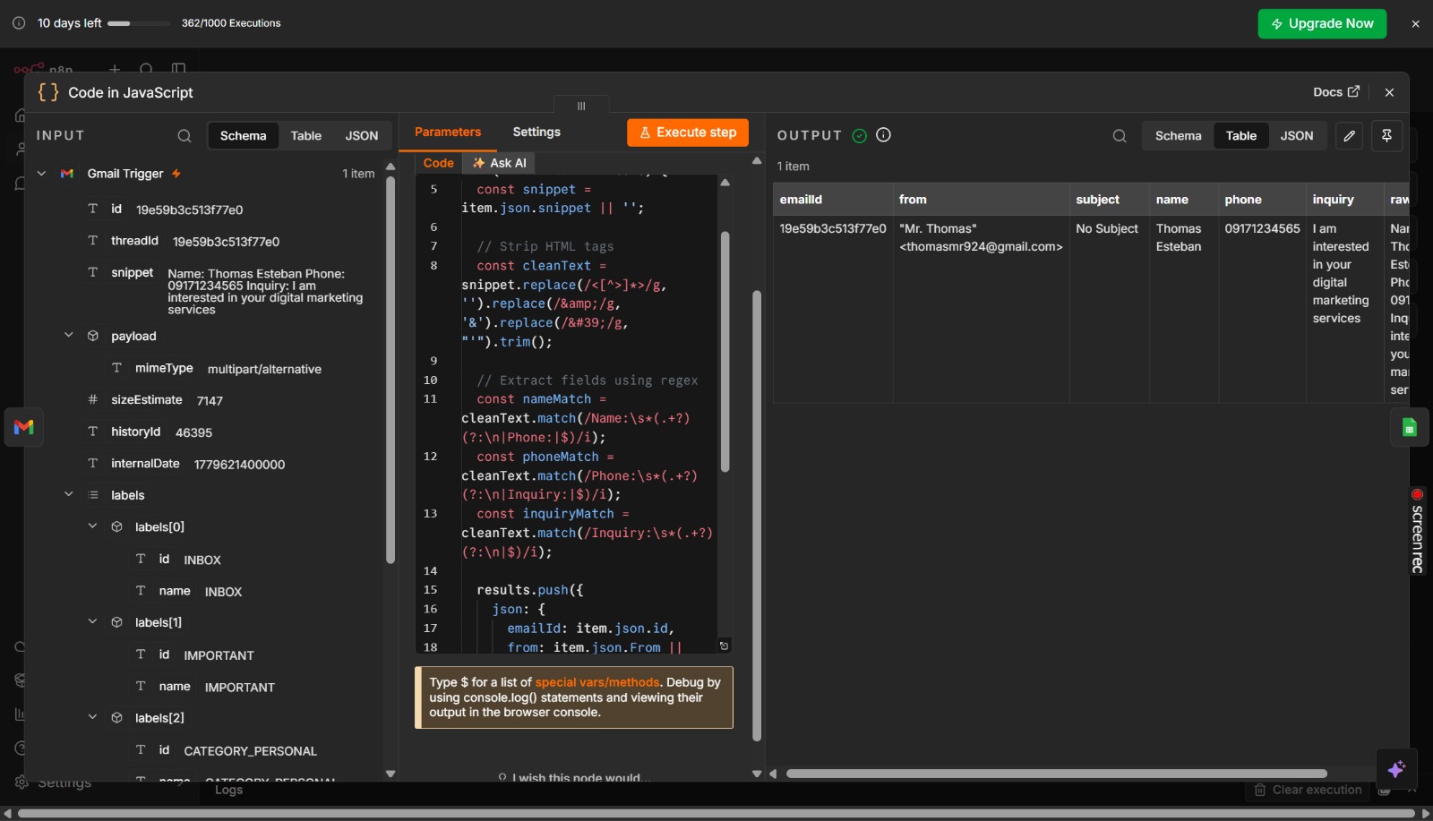 JavaScript Code Node Output
