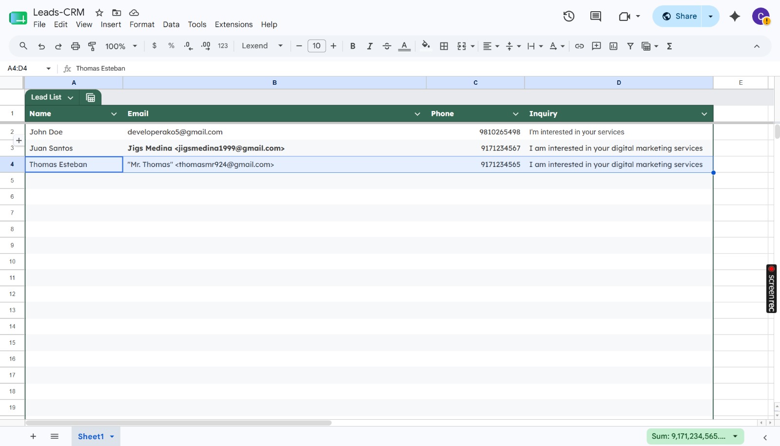 Leads-CRM Google Sheet — Juan Santos Added