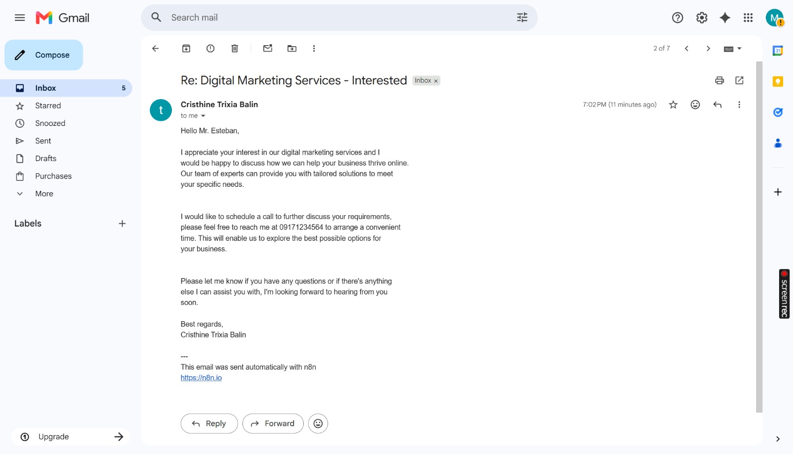 Gmail Inbox — AI Reply Sent