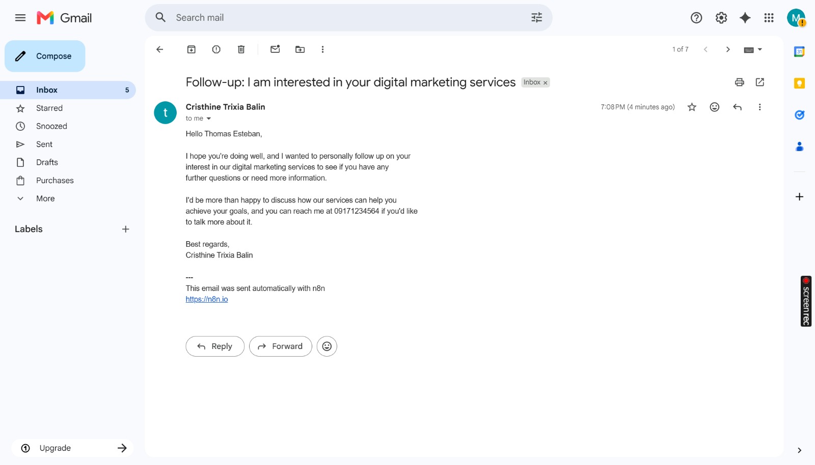 Gmail — Follow-Up Email Received