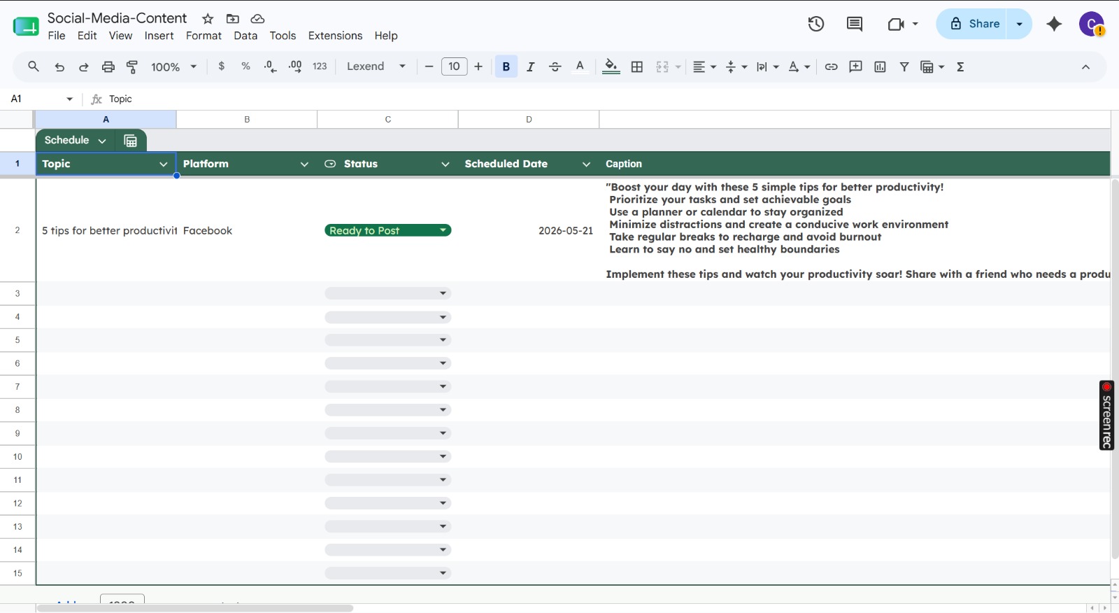 Social-Media-Content Google Sheet