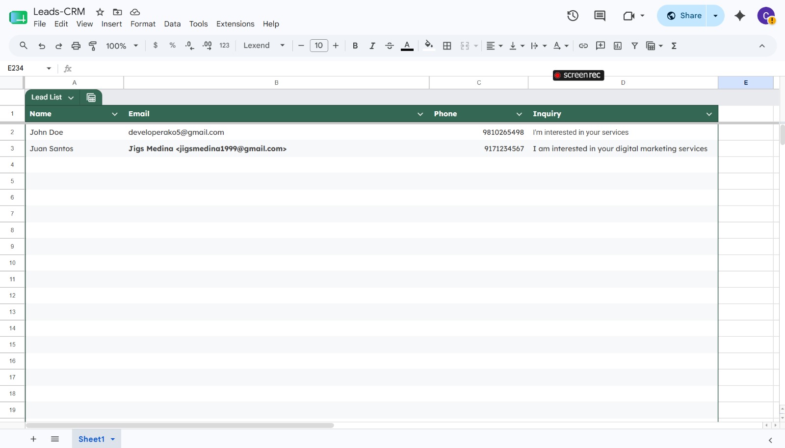 Leads-CRM Google Sheet